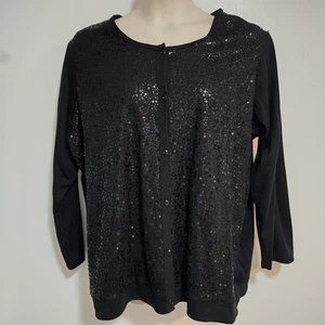 Quacker Factory Sz 2X Black Sparkle Shine Sequin Knit Duet Cardigan A218127 NEW - Picture 1 of 7