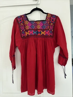 Vintage Red Cotton Peasant Huilpil Mexican Embroidered Top Baby Doll Sz Medium - Image 1 of 4
