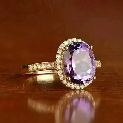 3Ct Oval Cut Lab-Created Amethyst Engagement Wedding Ring 14K Yellow Gold Plated - Image 1 of 4