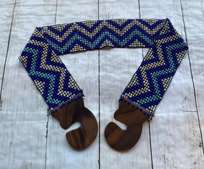 Boho Beaded Stretch Belt with Wooden Clasp Buckle Blue White Chevron - Image 1 of 4