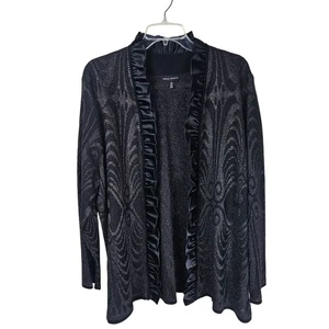 Ming Wang 1X Black Shimmer Knit Open Cardigan 1X Satin Ruffle Trim Occasion - Picture 1 of 10
