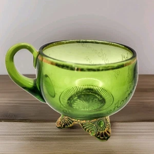 Antique EAPG Emerald Green Custard Cup GILDED PAINTED Base Souvenir Des Moines - Picture 1 of 10