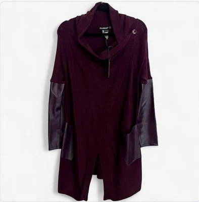 Blank NYC Long Wrap Sweater Duster Faux Leather Patches Plum Burgundy Small NWT - Image 1 of 4
