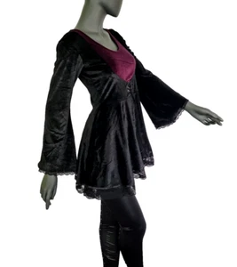 velvet Tunic Gothic Mini Dress Witch Medieval Black Purple Larp Size 34-38 - Picture 1 of 5