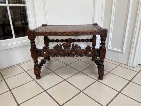 ANTIQUE ENGLISH HIGHLY HAND CARVED OAK BARLEY TWIST BENCH STOOL Cover