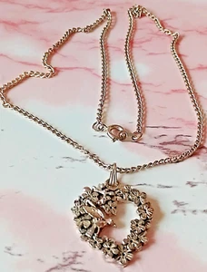 VD5"--M.A.S.J. VINTAGE 1990 pewter heart, flowers, bird pendant necklace - Picture 1 of 5