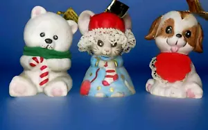 3 CUTE ANIMAL CHRISTMAS BELL ORNAMENTS PUPPY, MOUSE, BEAR JASCO L'IL CHIMERS - Picture 1 of 11