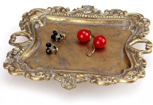 Vintage Gold Small Jewelry Tray Rustic Ring Dish Plate Antique Earring Brass. - Picture 1 of 8