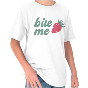 Funny Sarcastic Attitude Bite Me Strawberry Youth Crewneck T Shirts Boy or Girl - Picture 1 of 7