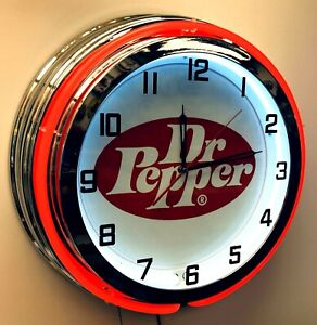 19" Dr Pepper Vintage Logo Sign Double Neon Red Neon Clock Mancave Bar Garage