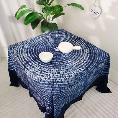 Tie-Dye Indigo Square Cotton Tablecloth / Concentric Circles / 57in - Image 1 of 4