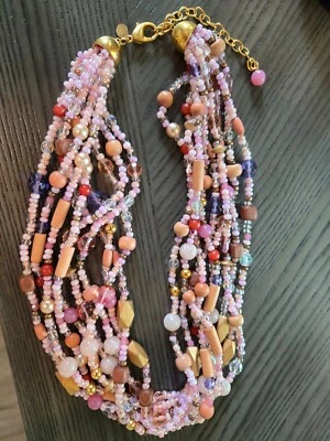 Joan Rivers Nine Strand Pink Purple Peach Wood Beaded Necklace 18" - Image 1 of 4