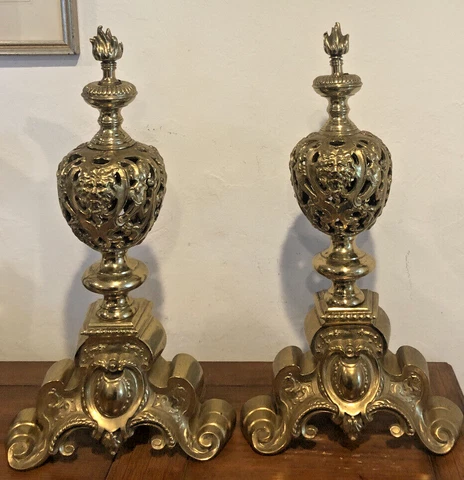 Vintage Andirons Fireplace Filigrree Lion Face Cherub Fleur de Lis Flame Cover