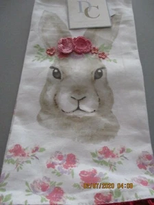 Deborah Connolly Tea Towels ,  bunny with crocheted headband and one floral - Picture 1 of 7