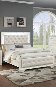 Cream Ivory Tufted Faux Leather Queen Size Bed w LED Lights Beautiful 1pc Panel - Picture 1 of 8