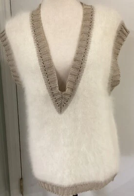 Chaleco Anne Klein Mujer Amgora Lino Lana Cuello en V Profundo Marfil Taupe Borde Italia Talla M Foto 1 de 4