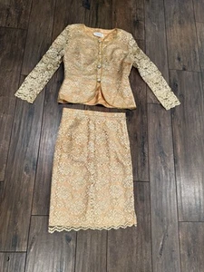 Vintage J. Benjamin 2 Piece Gold Lace Women’s Jacket + Skirt Workwear 70s / 80s - Picture 1 of 9