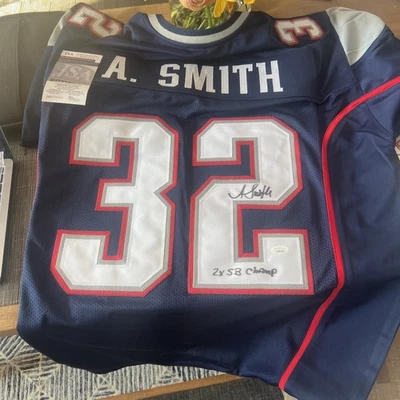 Camiseta deportiva azul autografiada/firmada Antowain Smith 2x SB Champ New England certificado de autenticidad JSA Foto 1 de 3