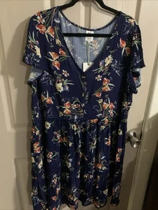 NWT RIVERS VISCOSE BLUE BOUQUETS SHORT SLEEVE VNECK KNEE LENGTH DRESS PLUS SZ 18 - Picture 1 of 17