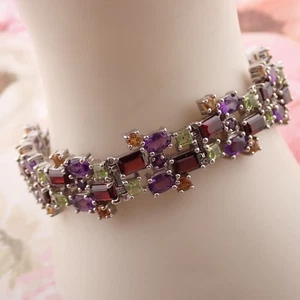 Sadie L Vassil SLV Sterling Garnet Amethyst Peridot 7 1/2" 6+ Carat Bracelet - Picture 1 of 8