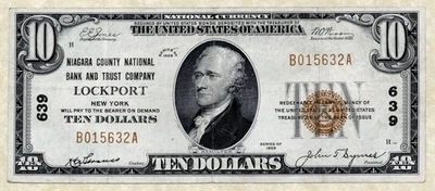 1929 T1 $10 Niagara County Bank Lockport New York Nation Bank note - CH# 639 - Image 1 of 2