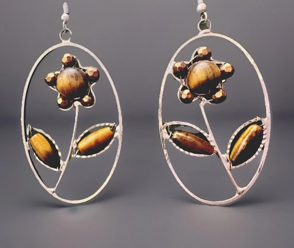 Pendientes colgantes únicos vintage con flores recortadas ojo de tigre Foto 1 de 4