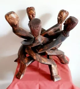 African Unity Circle Sculpture 5 head Ghana Carved wood art décor beautiful - Picture 1 of 9