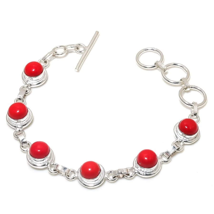 Red Coral Gemstone Handmade 925 Sterling Silver Jewelry Bracelet Size 7-8" - Image 1 of 1