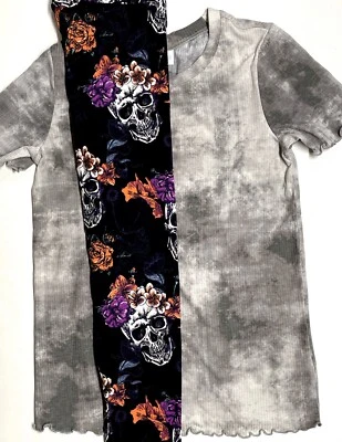 Lularoe Leggings OS Halloween Calavera con Flores con Top Kelly Pequeño Conjunto Gris Foto 1 de 4