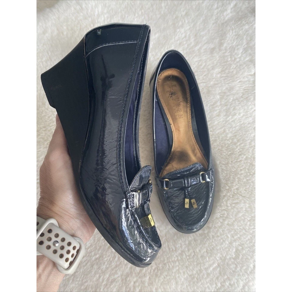 Lauren por Ralph Lauren Rory Couro Patente Cunha Slip On Academia Preppy Tamanho 6B - Imagem 1 de 4