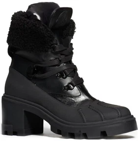 Moncler Corinne Faux Shearling Cuff Block Heel Combat Hiking Boots - Black 38.5 - Picture 1 of 8