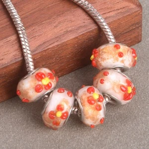 5pcs 15x9mm Round Flower Patterns Handmade Murano Lampwork Glass Big Hole Beads - Picture 1 of 17