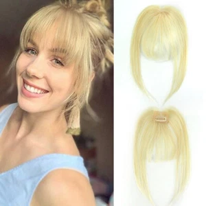 (613# Blonde) - Clip in Bangs Human Hair Extensions 3D Invisible Seamless Fringe - Picture 1 of 12