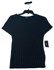 Alfani Knit Blouse Womens size Large Black Ribbed Cap Sleeve Stretch New - Picture 1 of 7