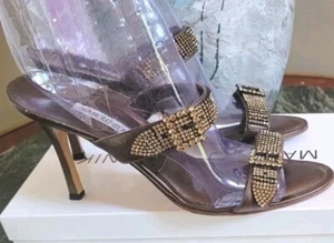 $995 MANOLO BLAHNIK JOLIE BRONZE LEATHER CRYSTAL HIGH HEEL SLIDE SANDALS 40.5  9 - Picture 1 of 14
