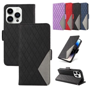 Grid Leather Wallet Stand Phone Case For iPhone 16 15 14 13 12 11 Pro Max XR 7 8 - Picture 1 of 52