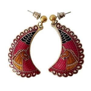 Crescent Shape  Red/Black/Gold Tone Enamel Dangle Drop Post Earrings w/ UNICORN - Bild 1 von 5