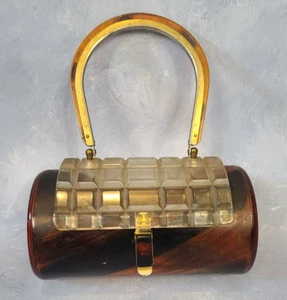 Vintage Collectable Faux Tortoise Shell Cylindrical Lucite Purse Handbag 1950s - Picture 1 of 13