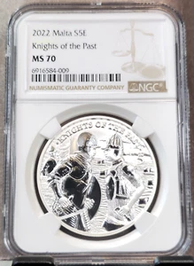 2022 MALTA SILVER 5 EURO KNIGHTS OF THE PAST NGC MS 70 SCARCE PERFECT COIN - Picture 1 of 3