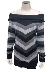 AB Studio Off Shoulder Chevron Stripe Alternating Gray Black Cowl Neck Sweater S - Picture 1 of 8