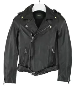 MAJE Jacket Women's (EU) 36 Lamb Leather Asymmetrical Zip Belted Black - Picture 1 of 23