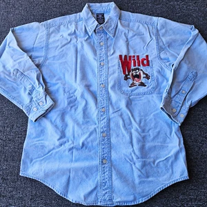 Vintage 90’s Looney Tunes WB Taz Embroider Denim Shirt Men XS Button Up WILD - Picture 1 of 7