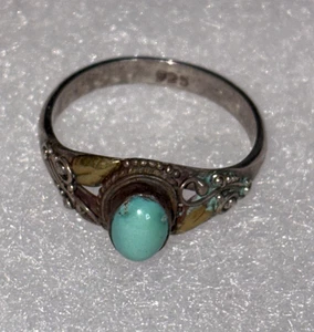 Women's Feminine Sterling Silver With Turquoise Stone Leaf Design Size 7.5 Ring - Picture 1 of 12