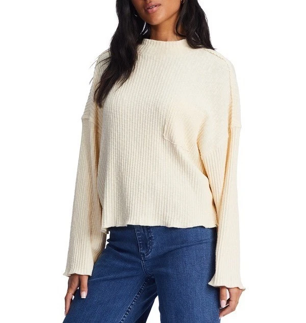 BILLABONG Saturdays Sweater Top Sz L Cream Mock Neck Rib Knit Cotton Blend Cozy - Image 1 of 4