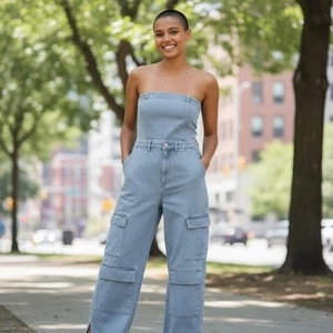 👖 Denim Strapless Cargo Jumpsuit with Snap Details – Wide Leg  Size M - Picture 1 of 6