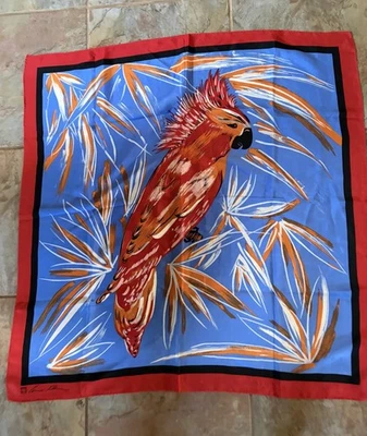 Vintage Signed 31” Silk Square scarf Anne Klein Parrot Bird Black Red Border - Image 1 of 4