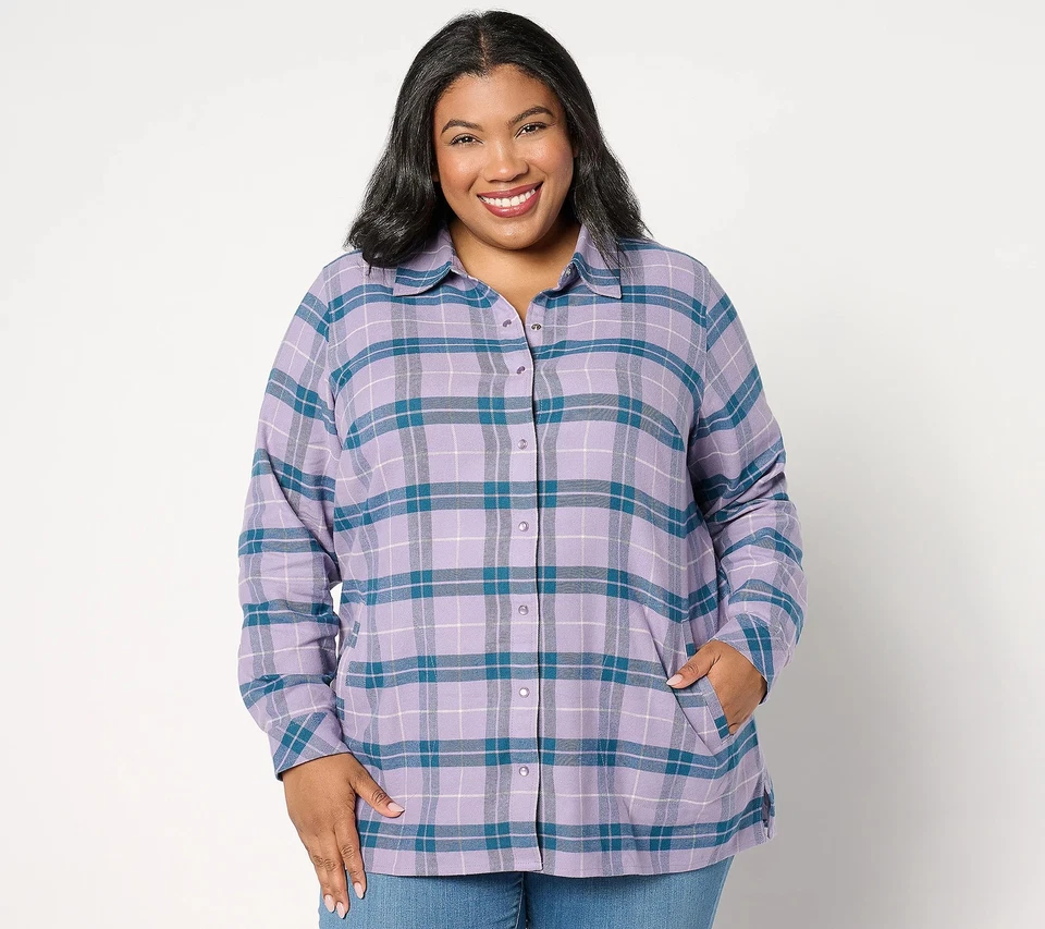 Camisa Joan Rivers Colección Clásica Regular Algodón Franela a Cuadros Frontal A Presión Du Foto 1 de 1