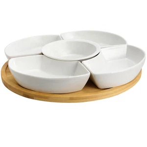 Elama 12-1/4" 6-pc Lazy Susan Appetizer Condiment Server Set w 5 Dishes Bamboo T - Picture 1 of 1