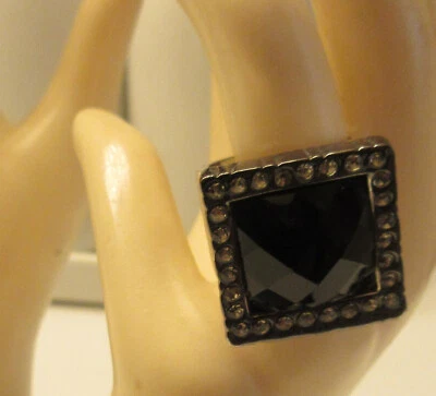 Lia Sophia Y2K Midnight Ring 6 ½ Silvertone Black Faceted  Stone Square Chunky - Image 1 of 4
