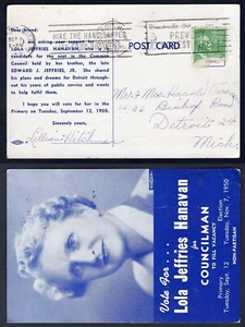 USA. DETROIT Mi 1950 City Council Elections Postcard. Lola Jeffries Hanavan - Picture 1 of 3